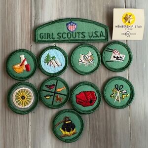 Vintage 1970s Girl Scout Junior Badges Patches Lot of 10 and Star Membership Pin